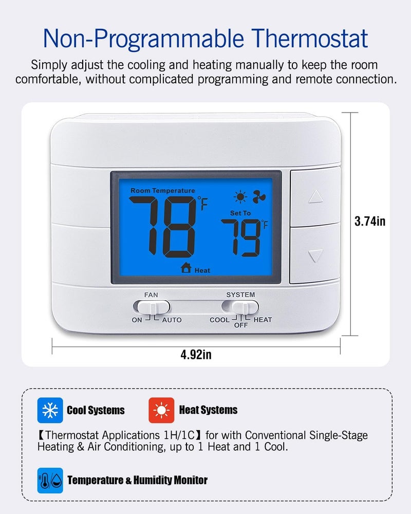 Aowel Non Programmable Thermostat for Home 1 Heat/ 1 Cool Single-Stage System, with Room Temperature Monitor (LCD Blue Backlit Screen) - Image 2